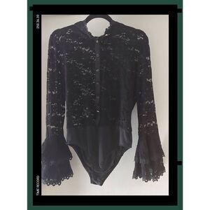 NWT~CQ by CQ Black Lace Ruffle Accent BodySuit Size Large